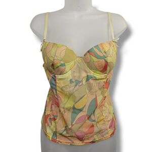 Lucy Pereda Corset Top M Womens Yellow Abstract Mesh Bustier Y2K Coquette Retro